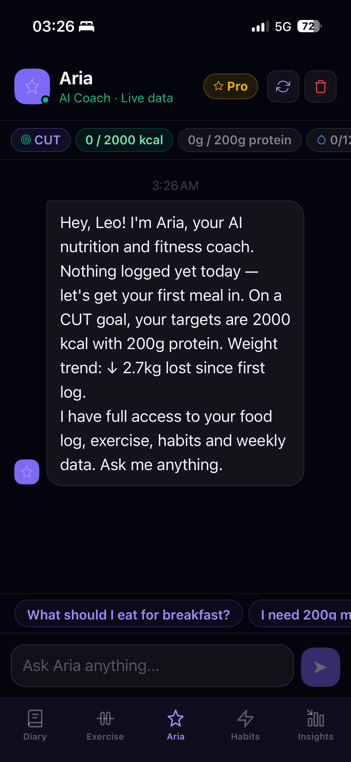 Aria AI coach reading the user's real food log
