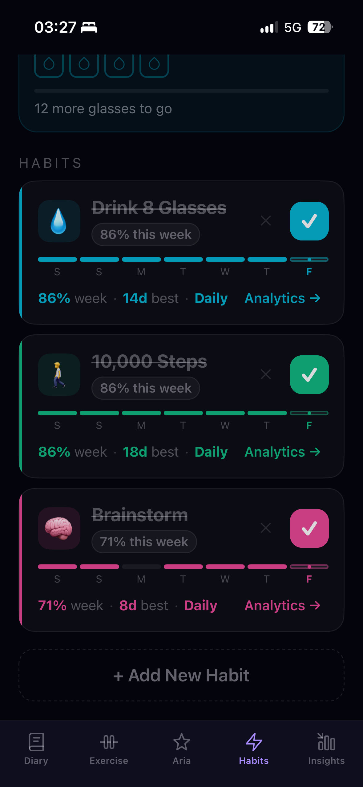 Habits tab with streaks and Apple Health auto-completion