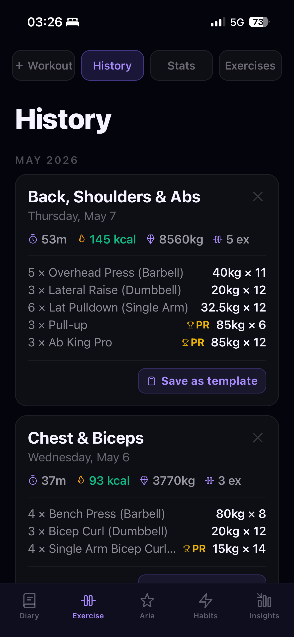 Workout tracker with sets, reps, and PRs